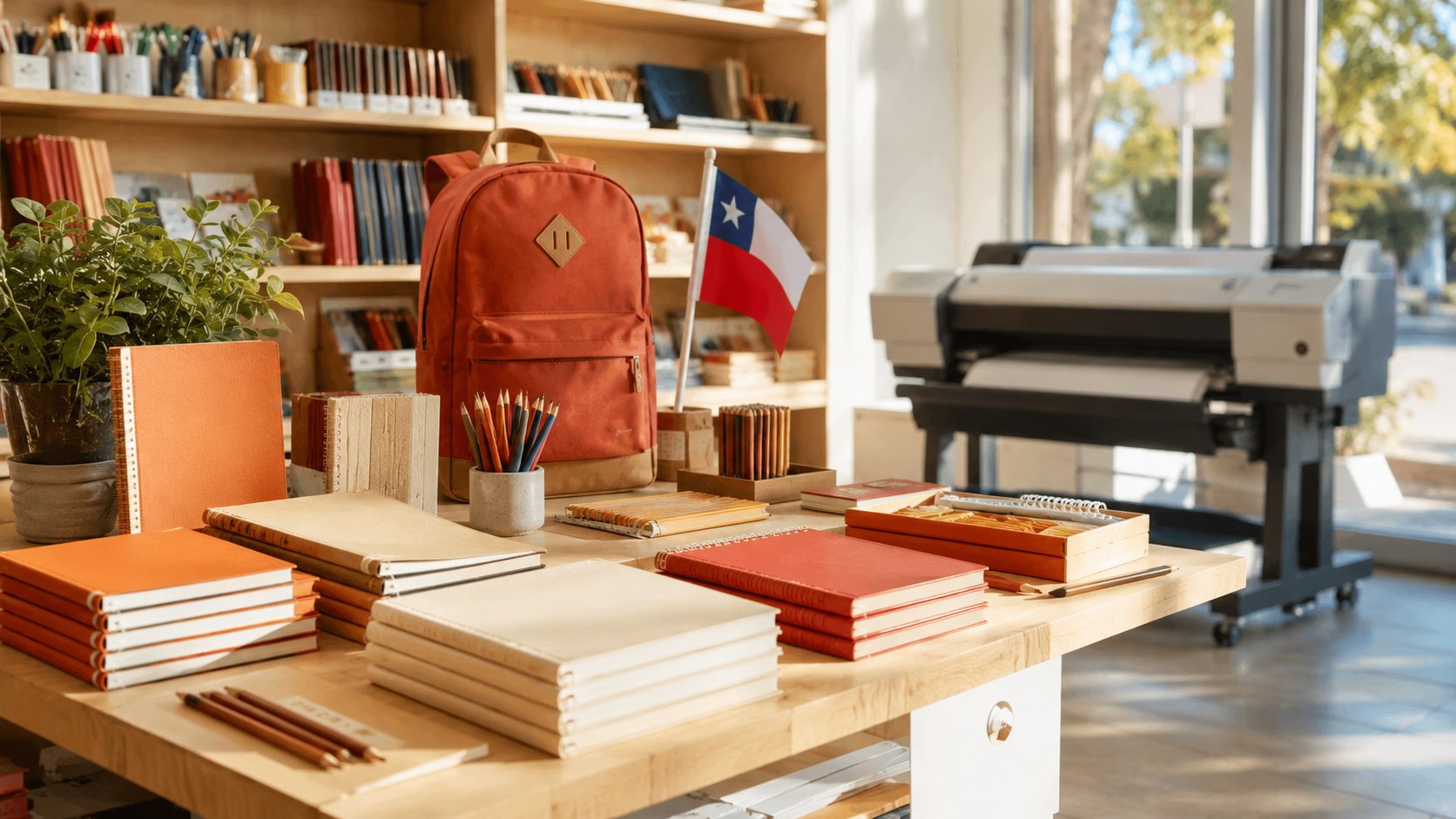 Artículos escolares, lápices, cuadernos e impresiones en una librería chilena